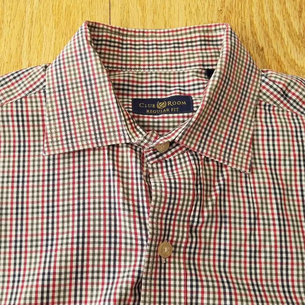 Club Room Men s Regular-Fit Check Dress Shirt Christmas Colors 16 34/35 EUC